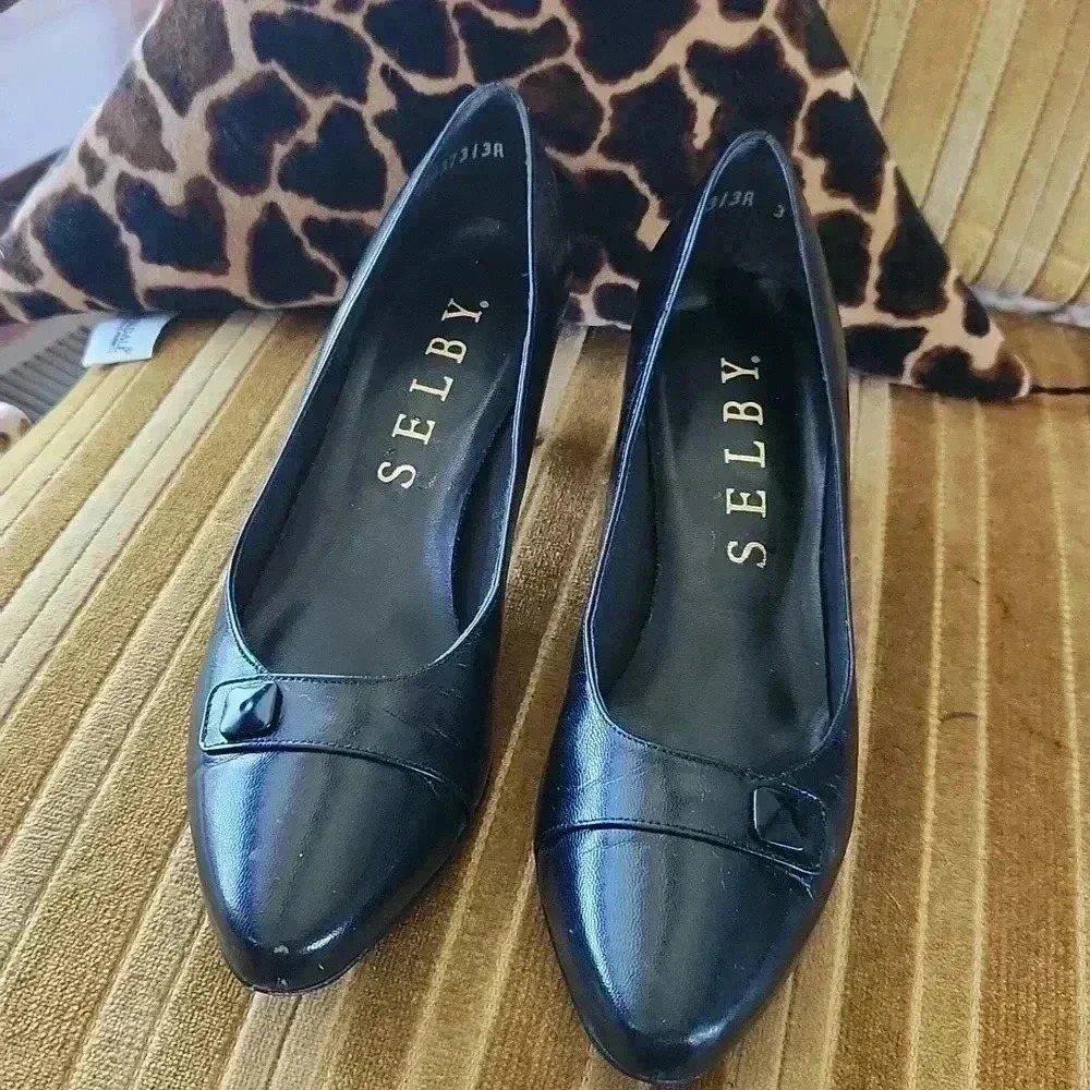 Vtg‎ Selby Black Heels Size 7.5 N Leather Pumps Shoes 80s 90s